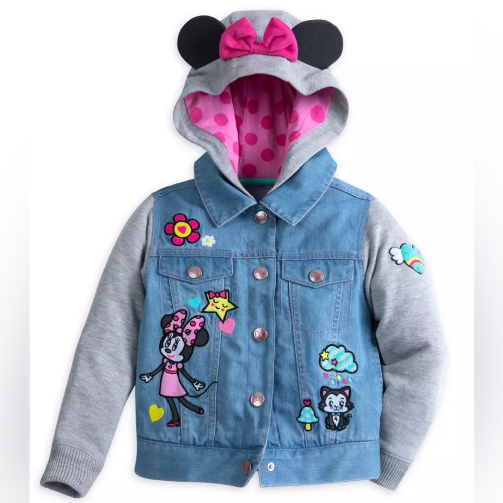 Disney Store Minnie Mouse Figaro Embroidered Denim Hooded Jacket Girls Size 4